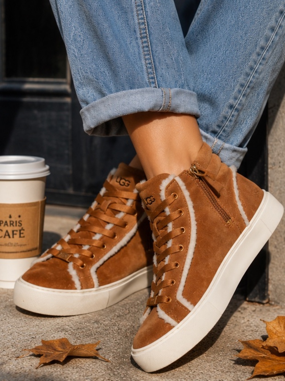 UGG Olli Heritage Suede Shearling High Top Sneakers in Chesnut Brown | US 8